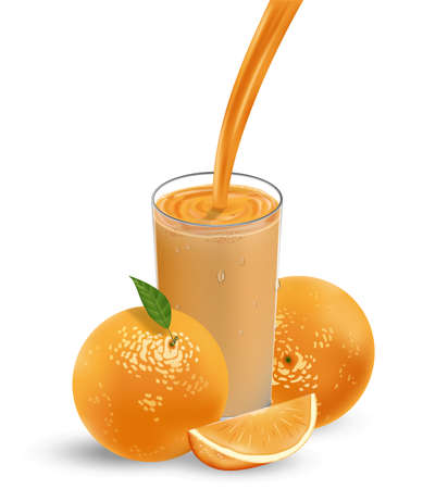 Fresh orange fruit with grean leaves. Orange juice with splash isolated on white. 3d Vector illustration for your designのイラスト素材