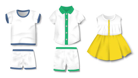 Realistic baby bodysuit, shirt, pants, shorts, dress template isolated. Baby boy clothes mockup for newborns. Vector illustrationのイラスト素材