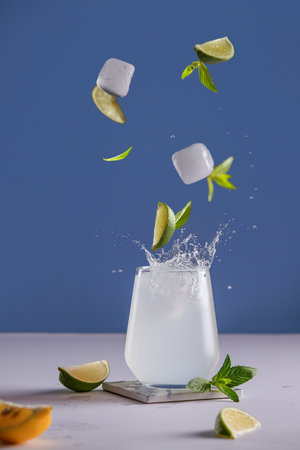Mojito with ice, summer refreshing cocktail with lime and mint, cold drink with alcohol and ice, on a light blue background, space for textの写真素材