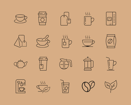 Coffee and tea thin line icons set isolated on black background. Trendy icons for web site, app, logo and restaurant menu. Collection of modern coffee and tea icons for print materiのイラスト素材