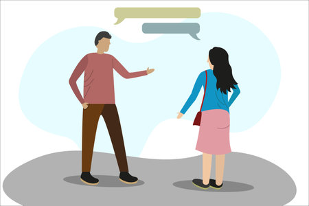 Vector cartoon illustration of man and woman having a conversation and having an idea. Bulb is...