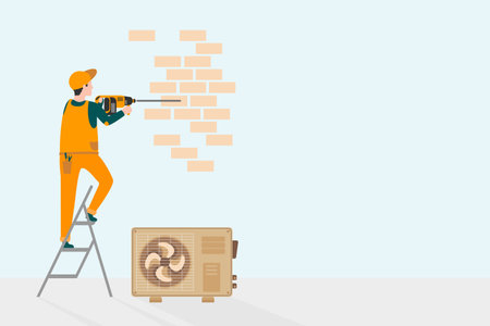 Repairman with a screwdriver repairing the wall. vector illustrationのイラスト素材