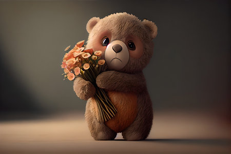 Teddy bear with a bouquet of flowers on a dark backgroundの写真素材