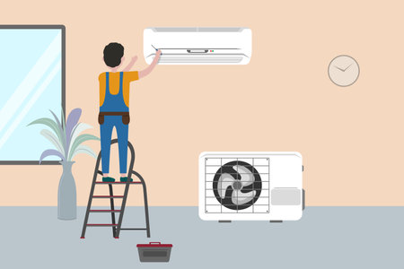 Repairman repairing air conditioner. Vector illustration in flat styleのイラスト素材