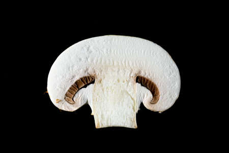 Champignons on a black background. Sliced fresh raw mushrooms.の写真素材