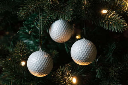 Golf balls as a xmas ornament in fir treeの写真素材
