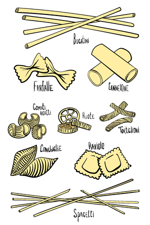 A set of different types of pasta in colored hand-drawing lines. Vector illustrationのイラスト素材