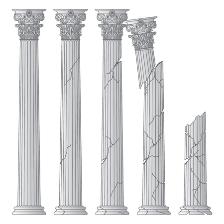 ruined historical Greek antique columns with capitals of the Korinvinsky warrant. vector line illustrationのイラスト素材