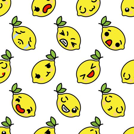 kawaii lemon with cute black eyes seamless pattern kawaii fruit with emotional faces seamless patternのイラスト素材
