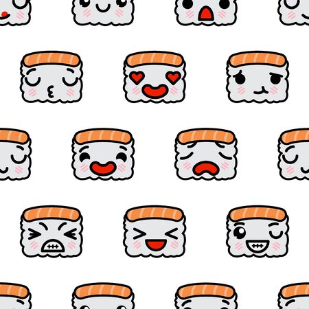 Seamless pattern with cute kawaii emoji sushi vector cartoon illustrationのイラスト素材
