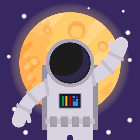 Astronaut with hand raised in greeting, against the backdrop of the moon.のイラスト素材