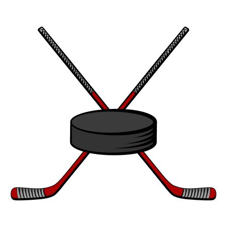 Crossed red hockey sticks and puck. Vector cartoon illustrationのイラスト素材