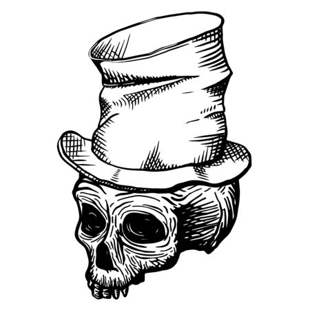 Hand drawn skull of a dead man in a crumpled top hat, on a white background. Vector illustrationのイラスト素材