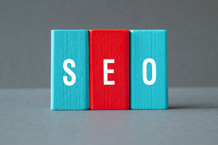 SEO - word concept on building blocks, text, lettersの写真素材