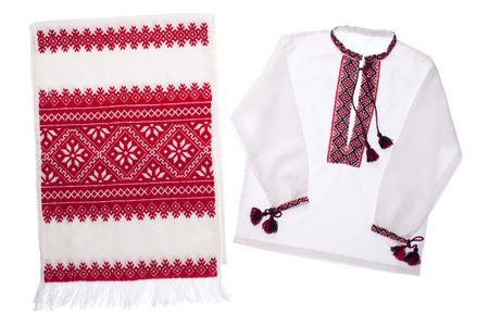 National Ukrainian traditional ornate handicraft symbol embroidery in red cross-stitch handmade...