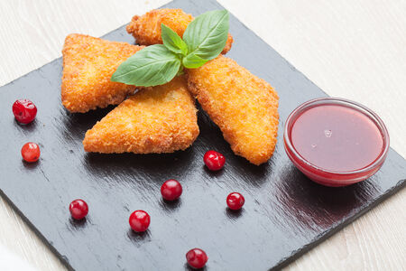 Appetizer fried cheese sticks served with basil, cranberries, and red berry sauce in bowl on black stone plateの写真素材