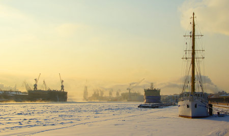 Frosty winter day on the waterfront in St. Petersburg