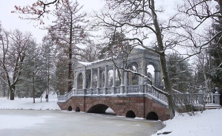 Siberian bridge, snow in November, Marble Bridgeの写真素材