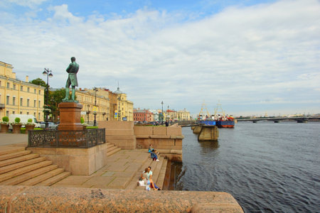 The Neva River and Lieutenant Schmidt Embankment in St. Petersburgのeditorial素材