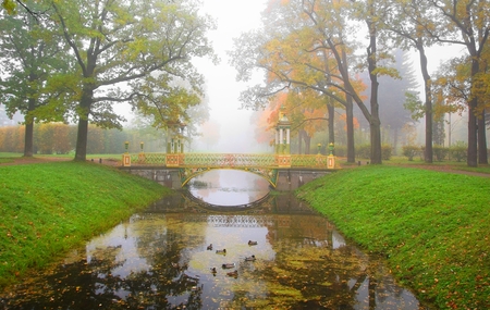 Foggy morning and Chinese bridge in Alexander Park in Tsarskoye Seloの写真素材