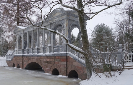 Siberian bridge, snow in November, Marble Bridgeの写真素材