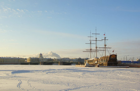 Winter day and Exchange bridge in St. Petersburg
