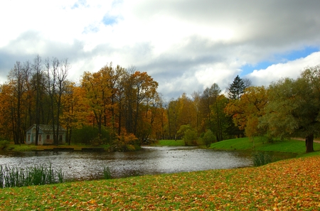 Autumn morning in Alexandrovsky Park in Tsarskoye Seloの写真素材