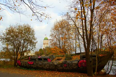 Autumn in Vyborg, Vyborg Castle and an old boatのeditorial素材