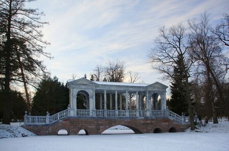 Winter day in Catherine Park in Tsarskoye Selo, Siberian bridgeの写真素材