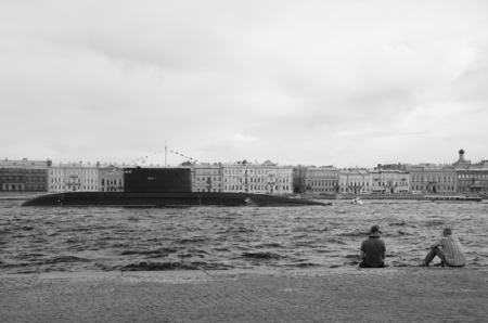 Submarine on the Neva river in St. Petersburg, preparation for naval paradeの写真素材