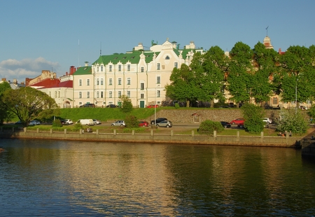 Sunny summer morning in Vyborg, the city embankmentのeditorial素材