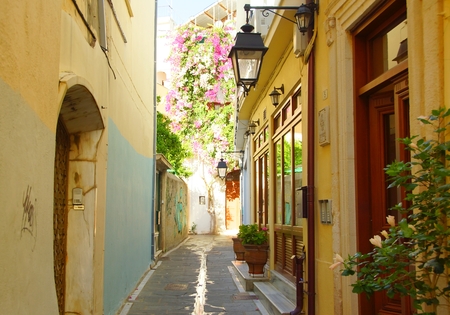 South morning in the narrow street of Rethymnon, Greeceのeditorial素材