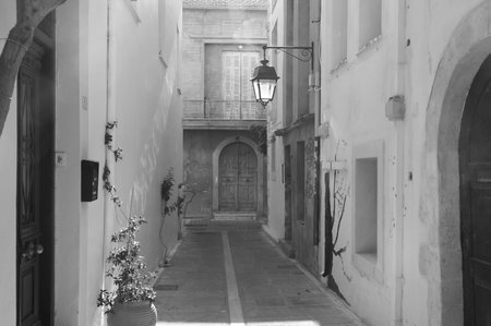 South morning in the narrow street of Rethymnon, Greeceのeditorial素材