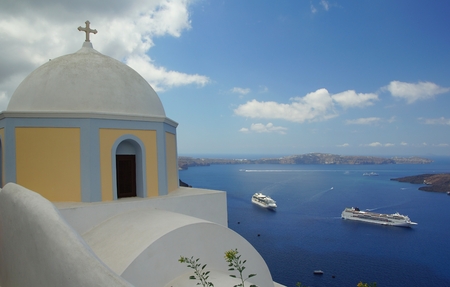 The fabulous city of Fira on the island of Santorini, Greeceの写真素材