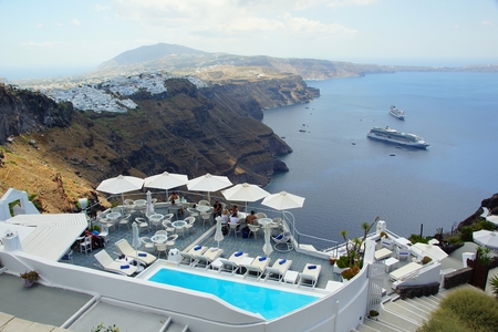 Quiet and peaceful holiday in Fira on the island of Santorini, Greeceのeditorial素材