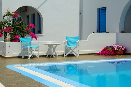 A small cozy courtyard in Fira on the island of Santoriniのeditorial素材