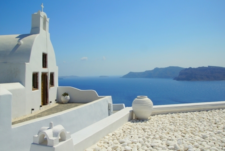A small cozy courtyard in Fira on the island of Santoriniのeditorial素材