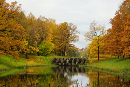 Morning walk in the autumn park, Catherine Park and the Great Cascade Pondsのeditorial素材