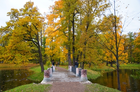 An autumn day in the Alexander Park in Tsarskoye Selo, a bridge to the isletのeditorial素材