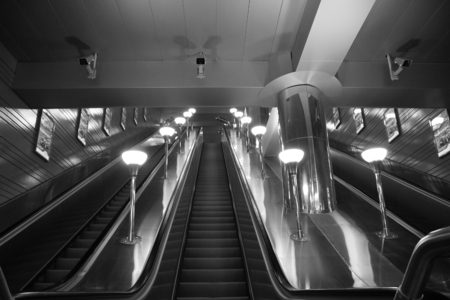 Interior of Begovaya metro station in St. Petersburg, escalator and exitのeditorial素材