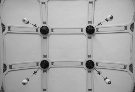 Fragment of the ceiling and lamps in the Art Nouveau style, Vitebsk railway station in St. Petersburgのeditorial素材