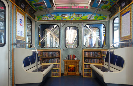Interior of the subway car of the Literary train in St. Petersburg