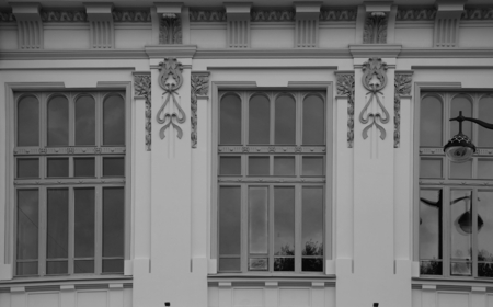 Windows in the Art Nouveau style of the Vitebsk railway station in St. Petersburgのeditorial素材