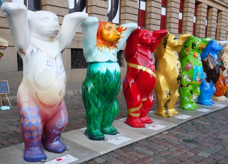 The United Buddy Bears exhibition on display on the Dome Square in Riga, Bears from Morocco, Mexico, Montenegro, Myanmar, Moldavia, Mongoliaのeditorial素材