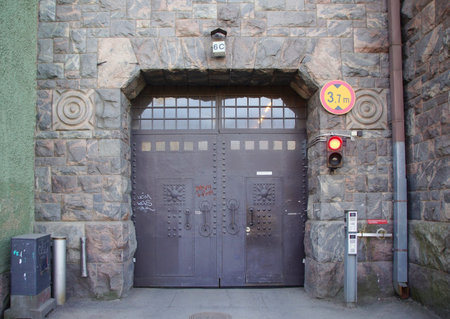 Entrance to a building in the art nouveau style on a street in the historic part of Helsinki