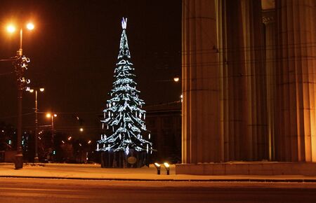 Christmas decoration of the city with electric glowing lights, Moscow avenue, Moscow gate in St. Petersburgの写真素材