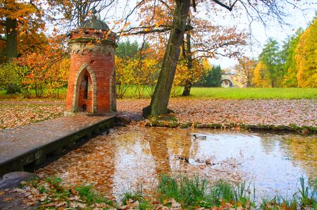 Morning walk in Catherine Park in Tsarskoye Selo, autumn landscape and the Red Cascade Bridgeの写真素材