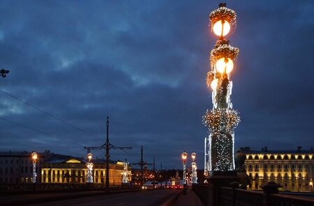 Walk along the night decorated for New Year's Petersburg, Trinity bridgeの写真素材