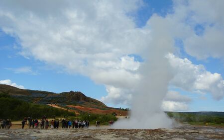 Summer day in the south of Iceland and geysers in the Haukadalur valleyの写真素材