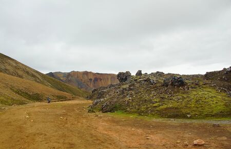 A cool summer Icelandic morning and a new hike in the colored mountains of the Landmannalaugar Natural Parkの写真素材
